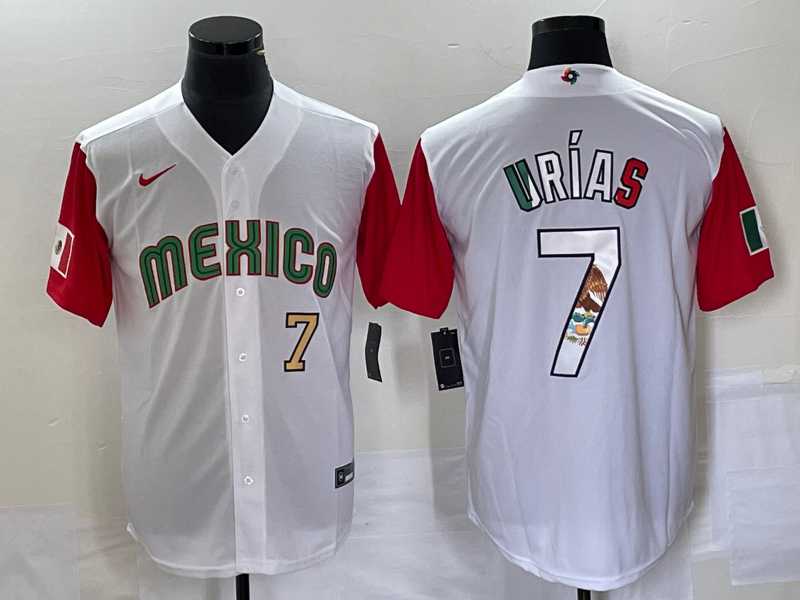 Men's Mexico Baseball #7 Julio Urias Number 2023 White Red World Classic Stitched Jersey11